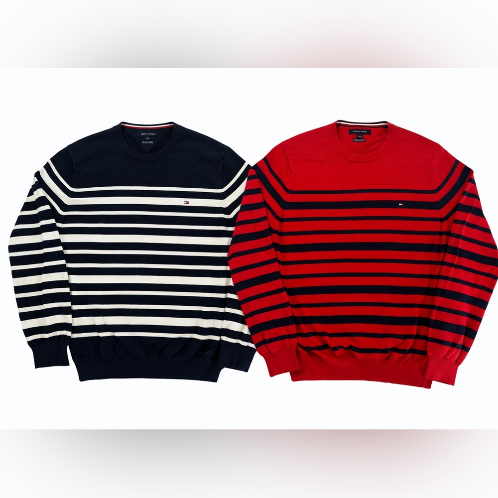 Bundle of 2 Tommy Hilfiger Striped Crewneck Sweaters in Navy and Red